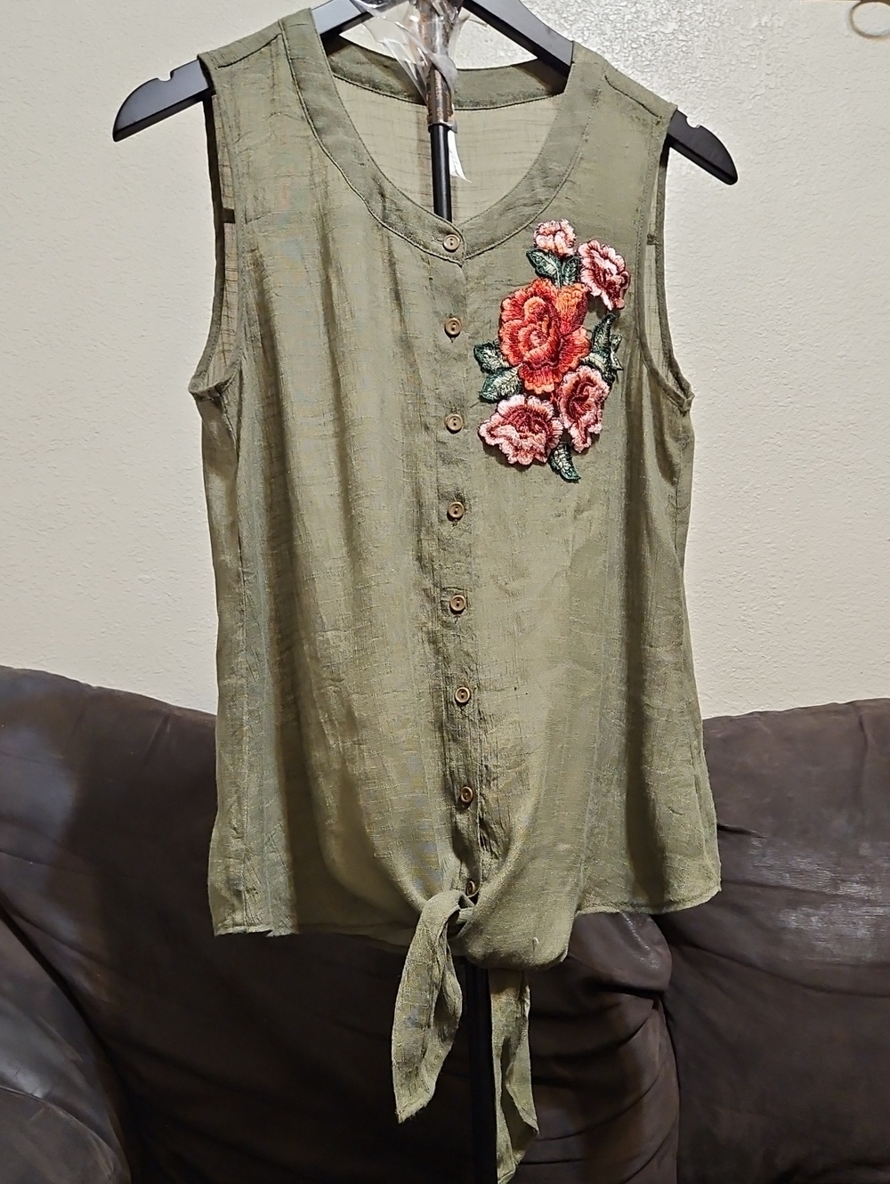 Sleeveless Olive Button-Front Tie Hem Top with Floral Embroidery